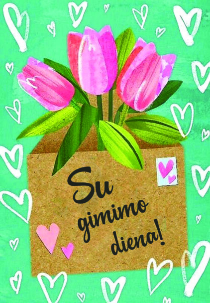 atvirukas "happy birthday" su gėlėmis