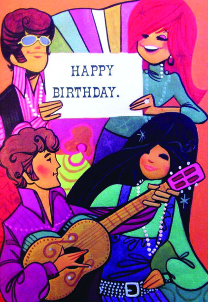 atvirukas "happy birthday" su septyniasdešimtųjų motyvais