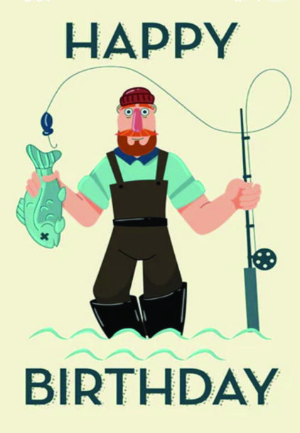 atvirukas "happy birthday" su žveju